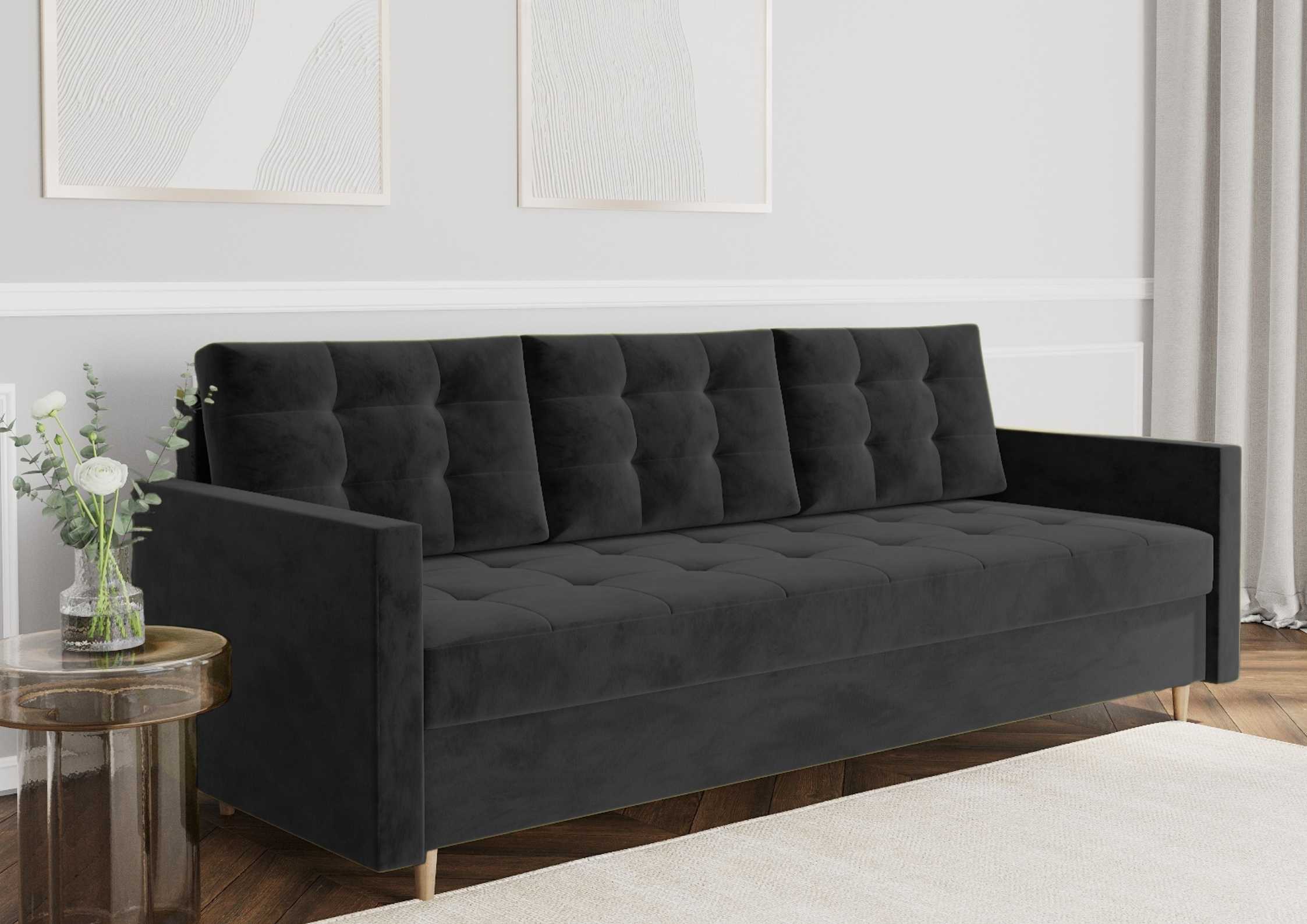 Pikowana sofa z funkcją spania na drewnianych nogach w kolorze czarnym